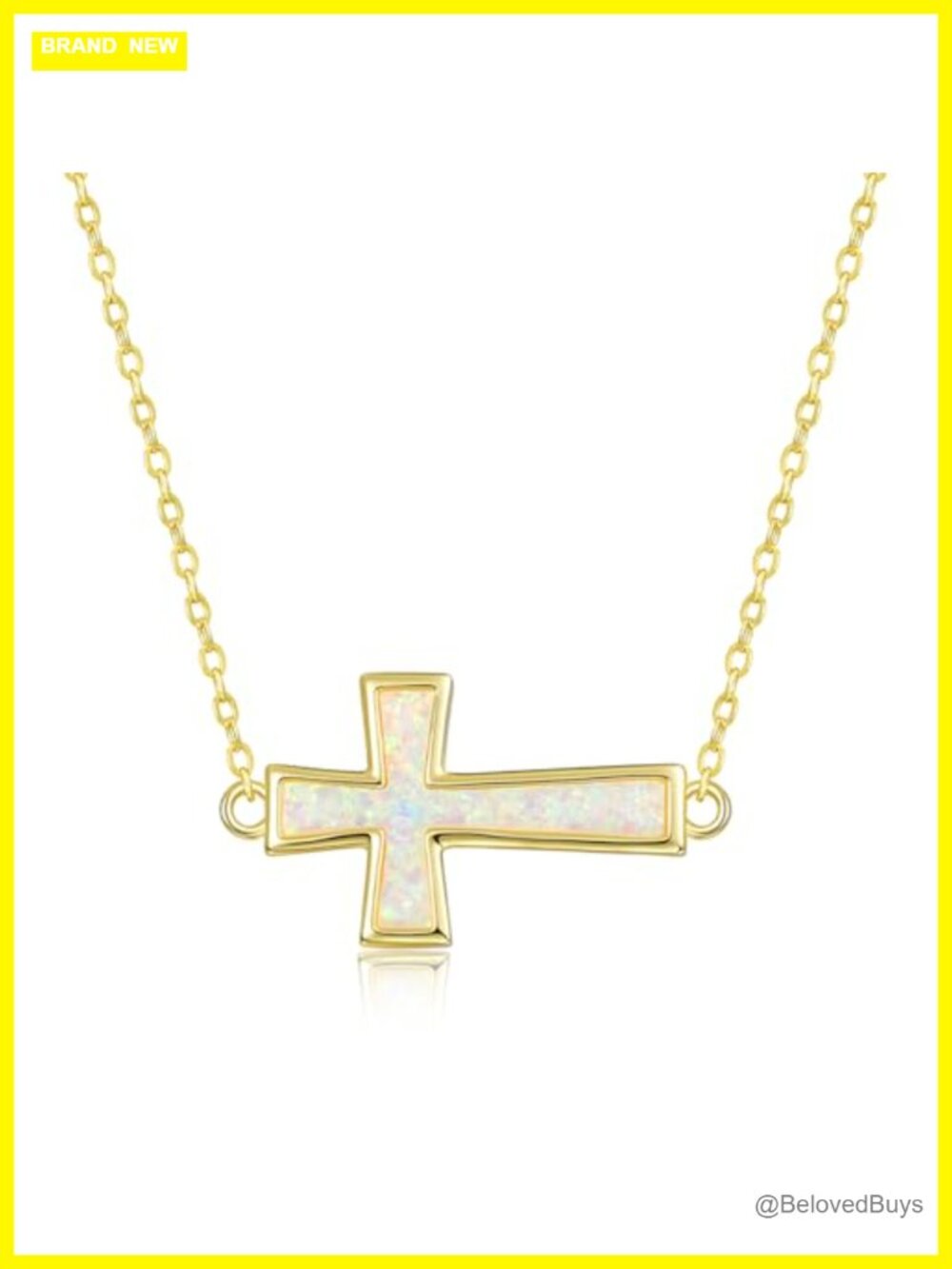 14K Gold Plated Sideways Cross Opal Pendant Necklace Christian Gift